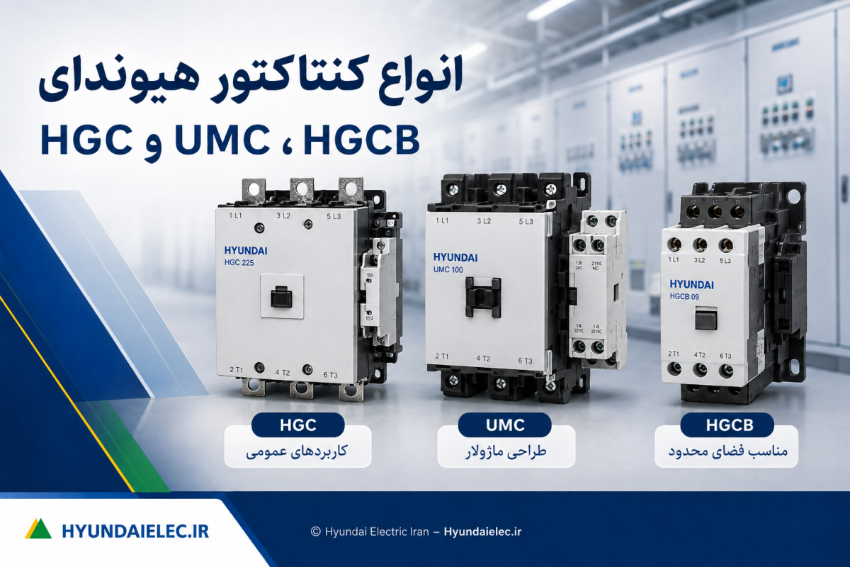 سه کنتاکتور هیوندای سری HGC، UMC و HGCB در اندازه‌های مختلف برای مقایسه ساختار و کاربرد هر مدل