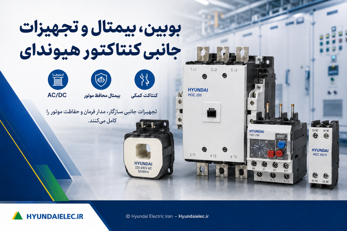 کنتاکتور هیوندای HGC 265 همراه با بوبین AC، رله حرارتی بیمتال HGT 25K و کنتاکت کمکی HGC AX11